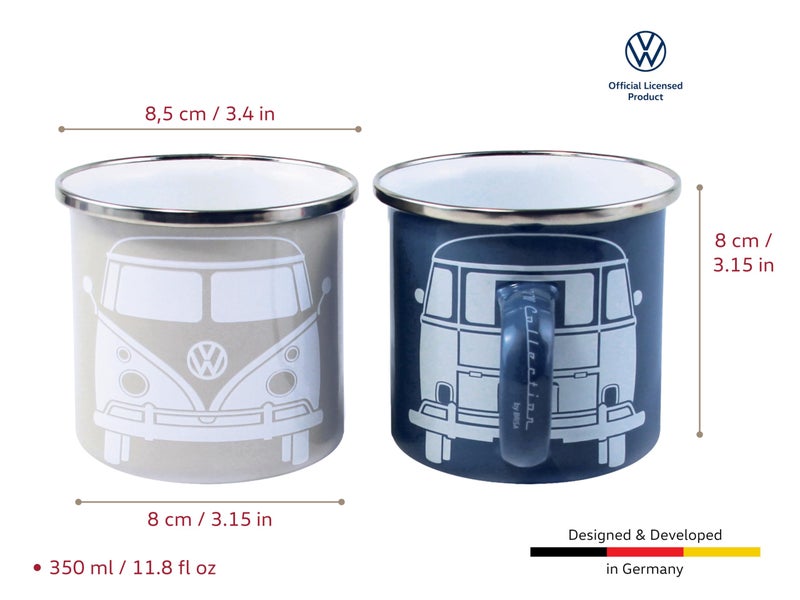 BRISA VW Collection - Volkswagen 2-piece Enamel Coffee-Tea Mug Cup Set for Camping & Outdoor T1 Bus (Blue/Gray) - Image 3
